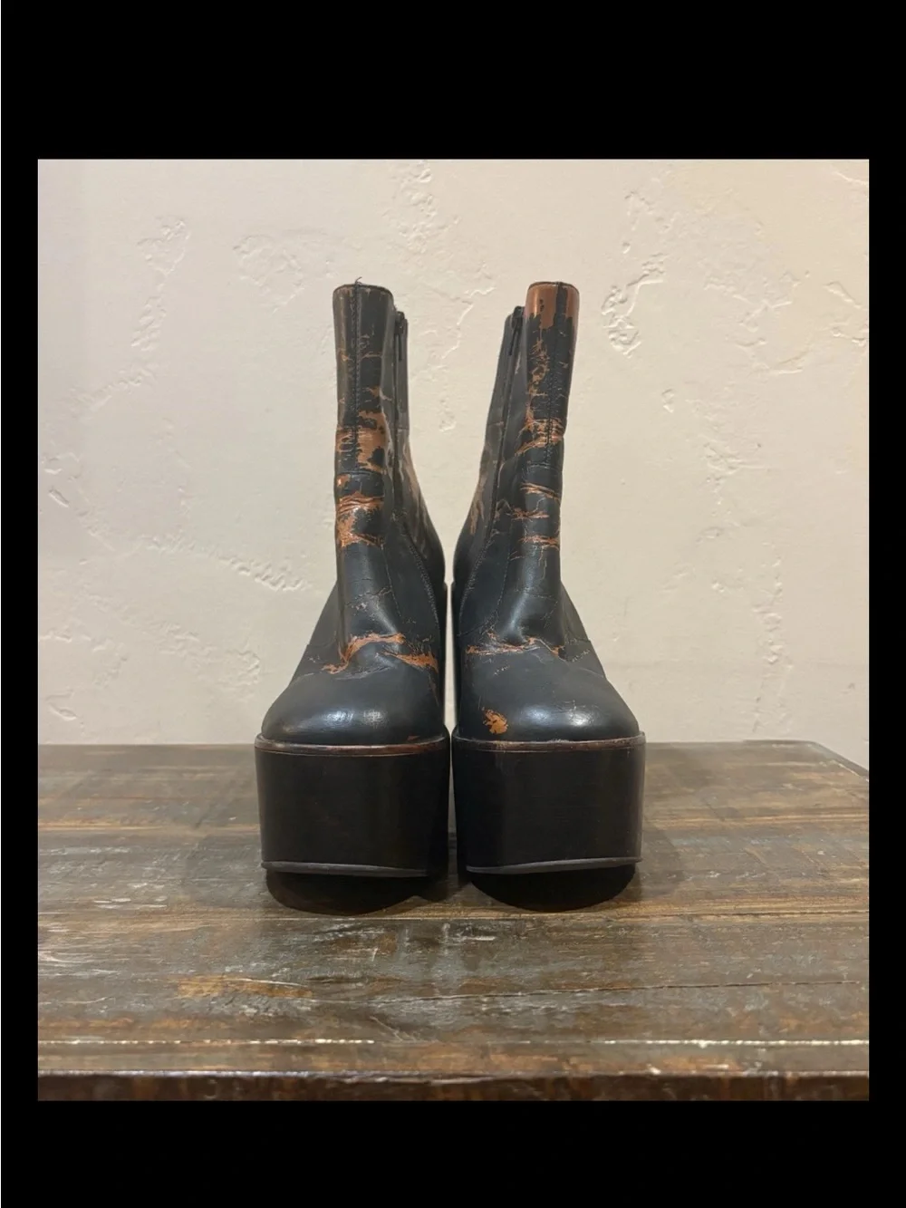 Jeffrey Campbell Black Platform Ankle Boots with Distressed Brown Highlights